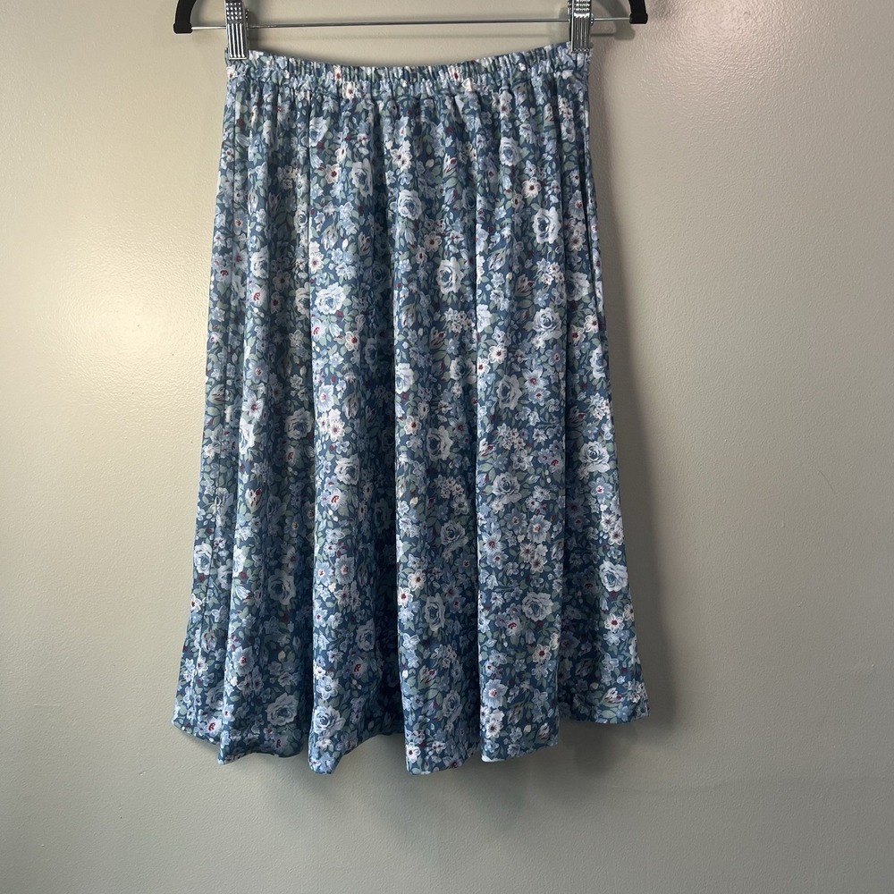 Vintage‎ Blue floral midi Skirt petite stretch waistband 10P